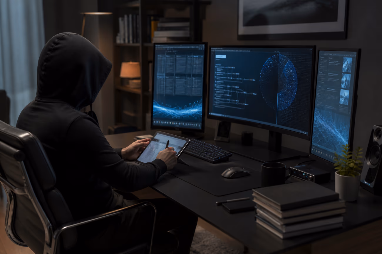 A user at a modern desk analyzing dark web resources on multiple screens, focusing on .onion site directories.
