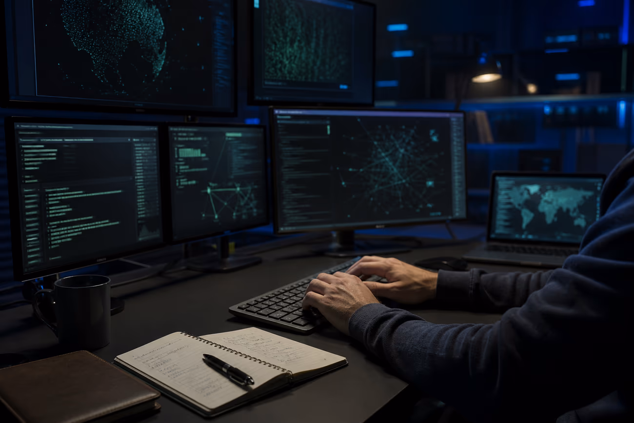A cybersecurity analyst working with multiple screens to explore the dark web and its risks.