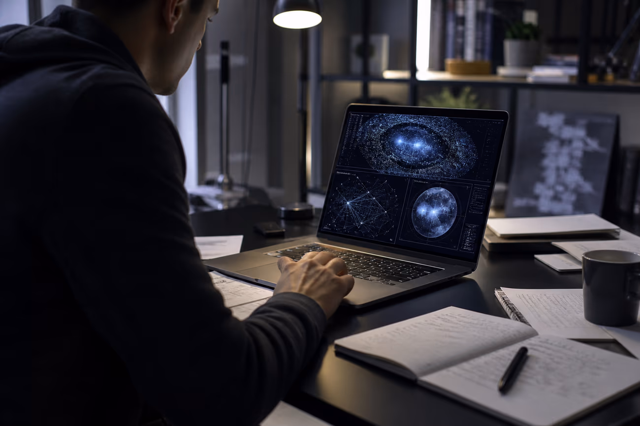 A researcher immersed in dark web data analysis, highlighting the exploration of .onion links and safety.