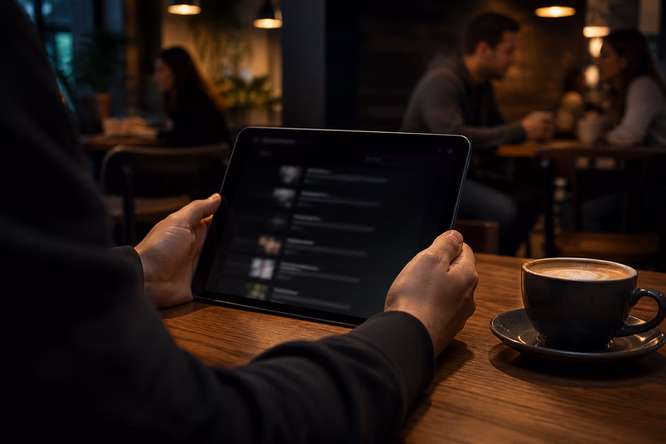 A user in a coffee shop browsing dark web resources on a tablet, highlighting the exploration of .onion sites.