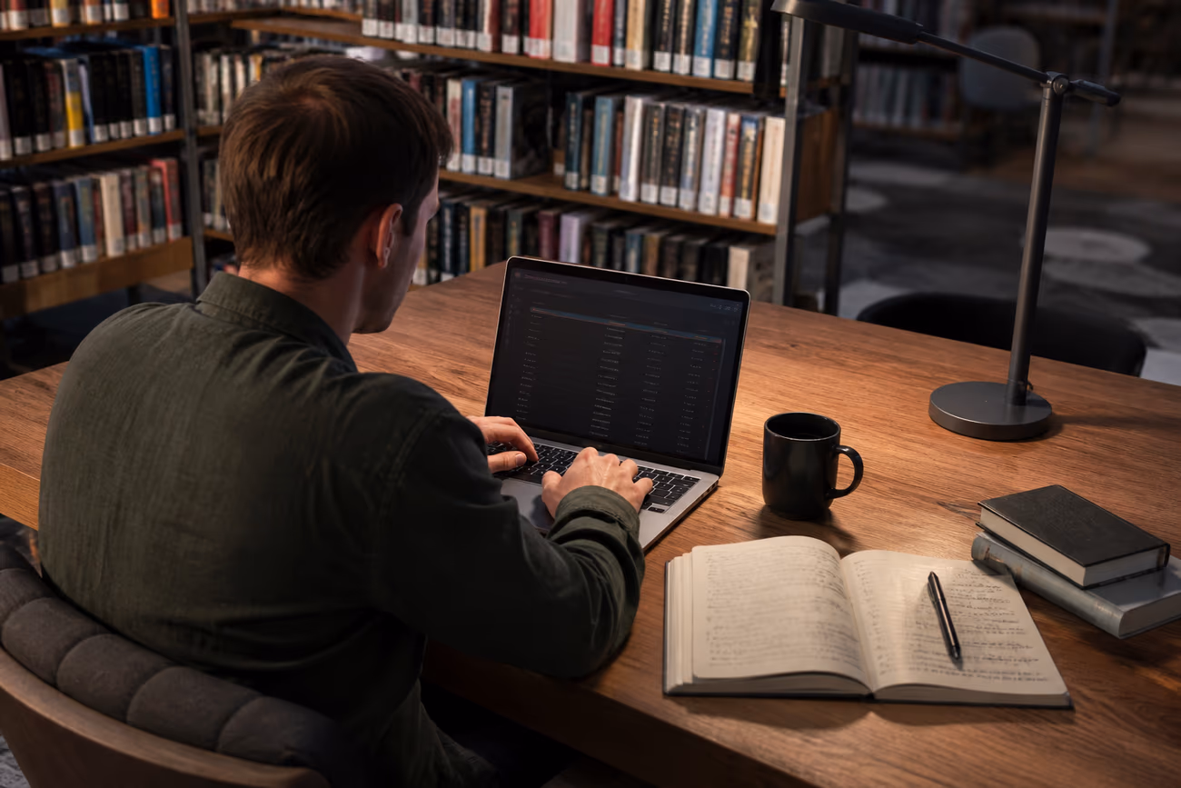 A researcher examines dark web addresses in a library, blending digital and traditional research methods.
