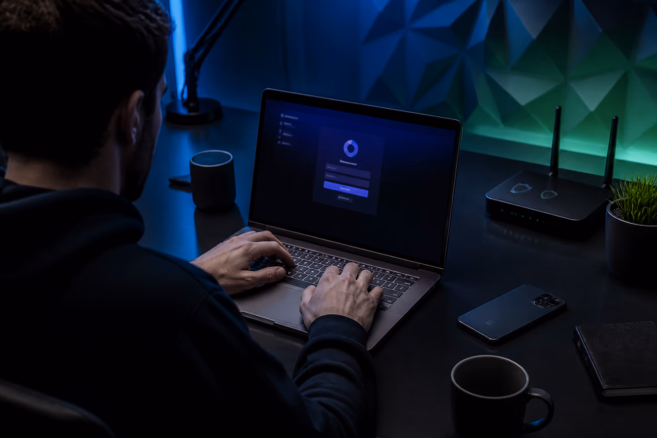 A user securely logging into a dark web site using a laptop in a tech-themed workspace.
