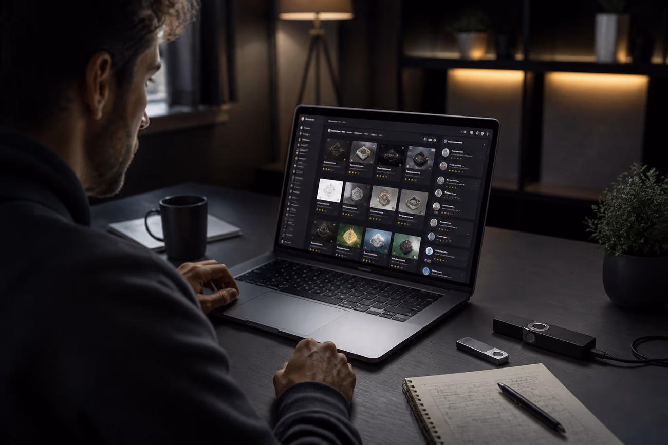 A user examining dark web marketplace listings on a laptop in a modern workspace, illustrating the article's focus on risks and considerations before shopping.