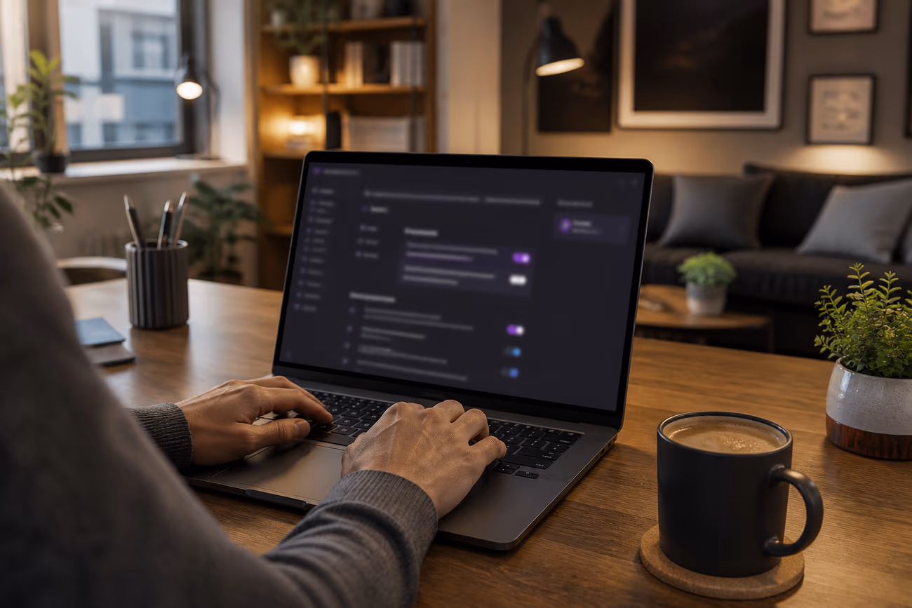 A user safely configuring Tor Browser settings in a contemporary apartment, emphasizing privacy and security.
