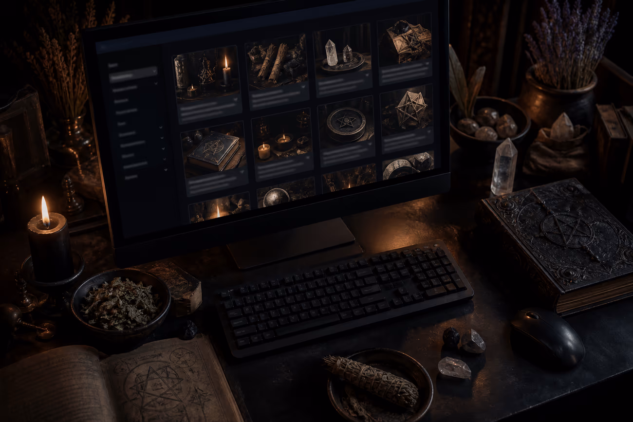 A dark web marketplace for witchcraft items, showcasing spell services and occult tools.