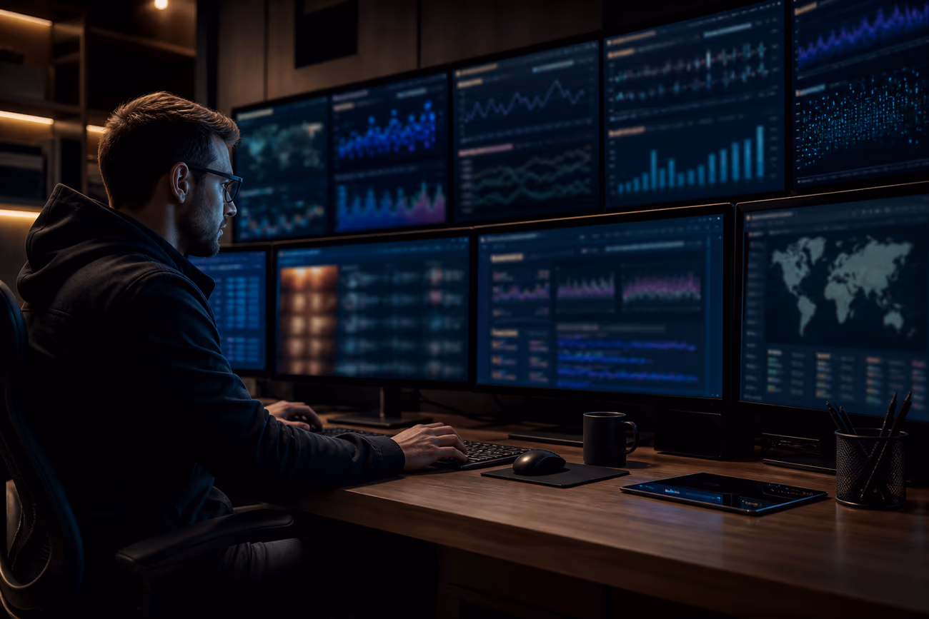 A cybersecurity professional examines darknet market statistics and trends in a modern office environment.