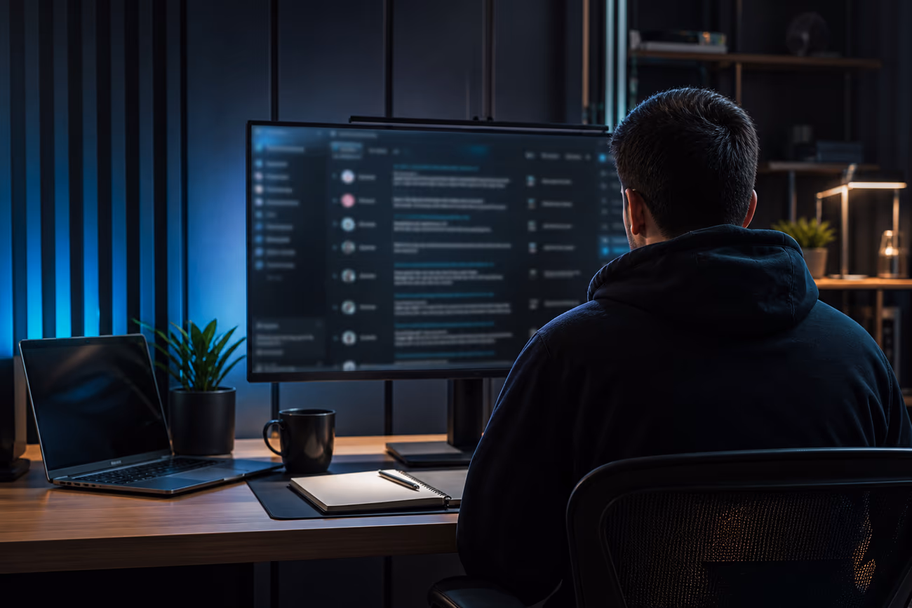 A user navigating darknet resources on a large screen in a modern workspace, reflecting the article's focus on safe browsing.
