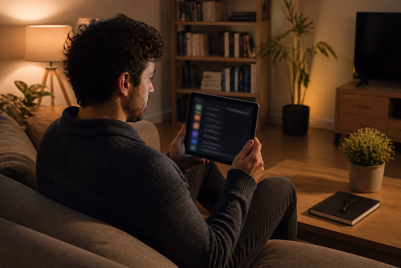 A user examining .onion addresses on a tablet in a cozy living room, highlighting the exploration of the deep web.