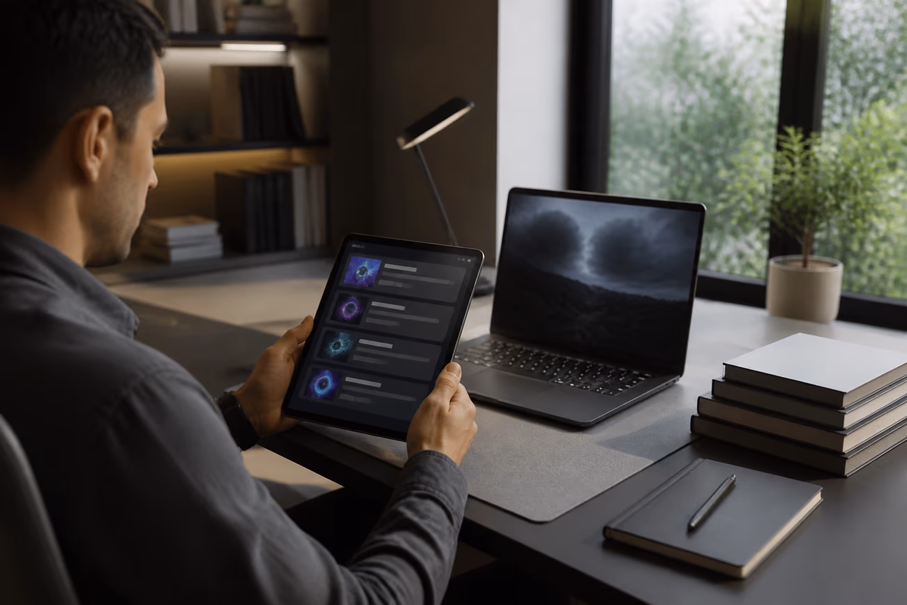 A user engages with a tablet displaying deep web links in a stylish office setting, illustrating safe navigation.