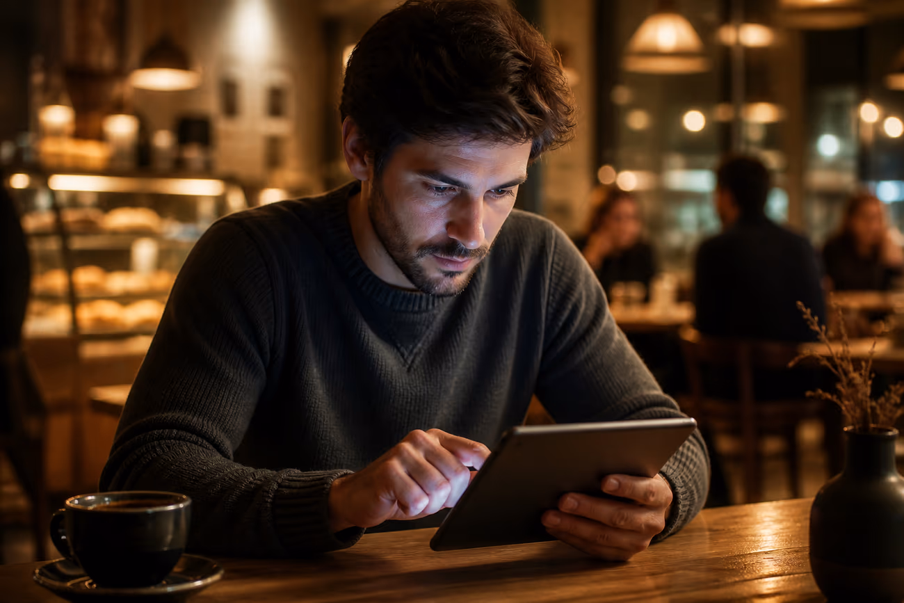 A user in a coffee shop exploring .onion sites on a tablet, illustrating deep web exploration in a casual setting.