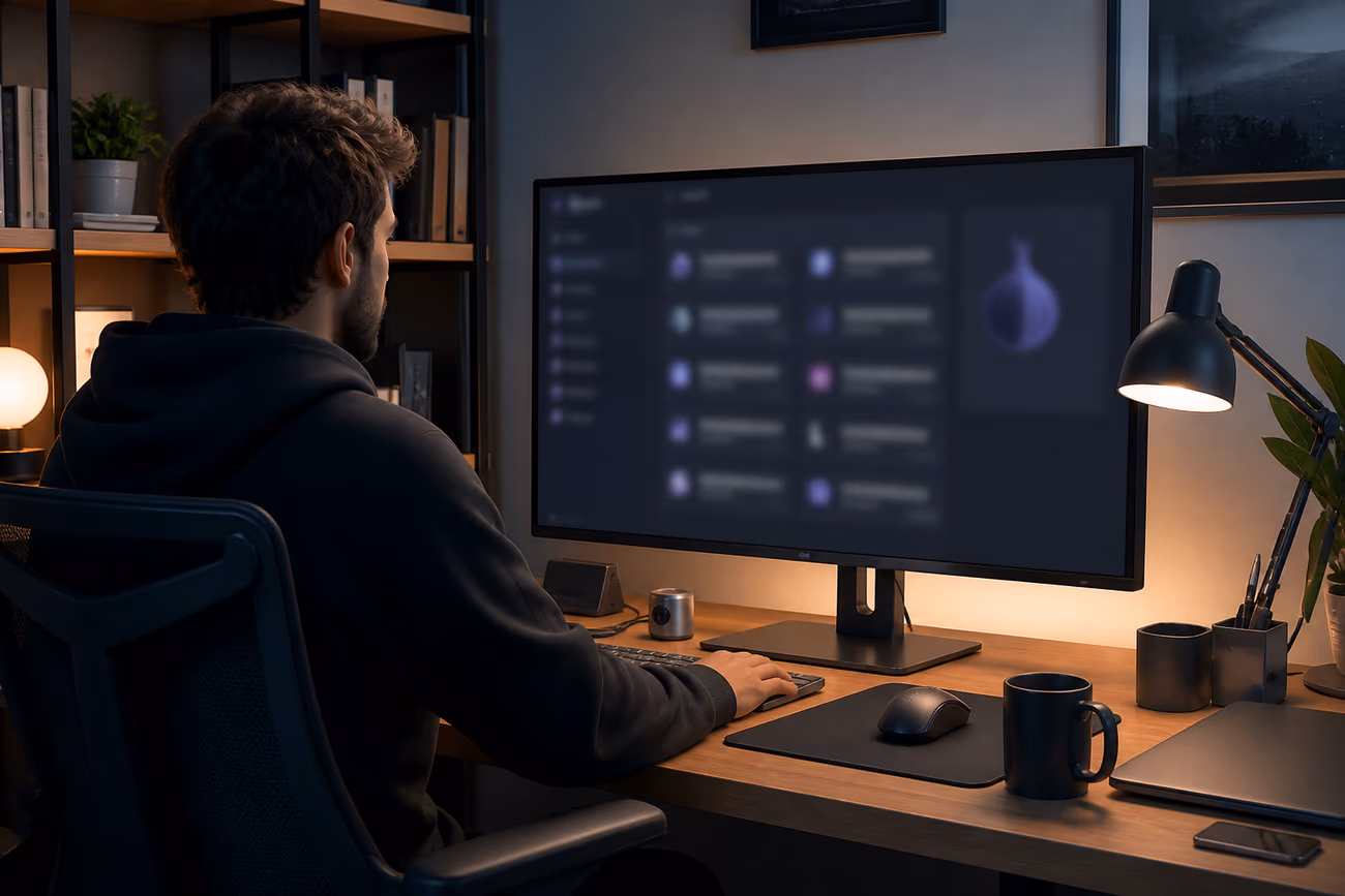 A user exploring a curated fresh onion directory on a desktop in a modern workspace.