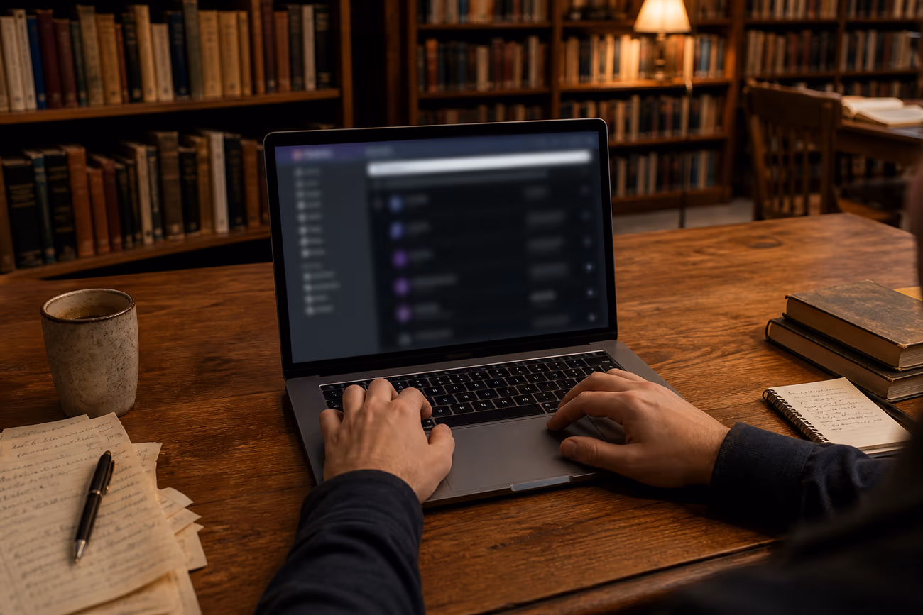 A user in a library using a laptop to explore onion links for safe dark web navigation.