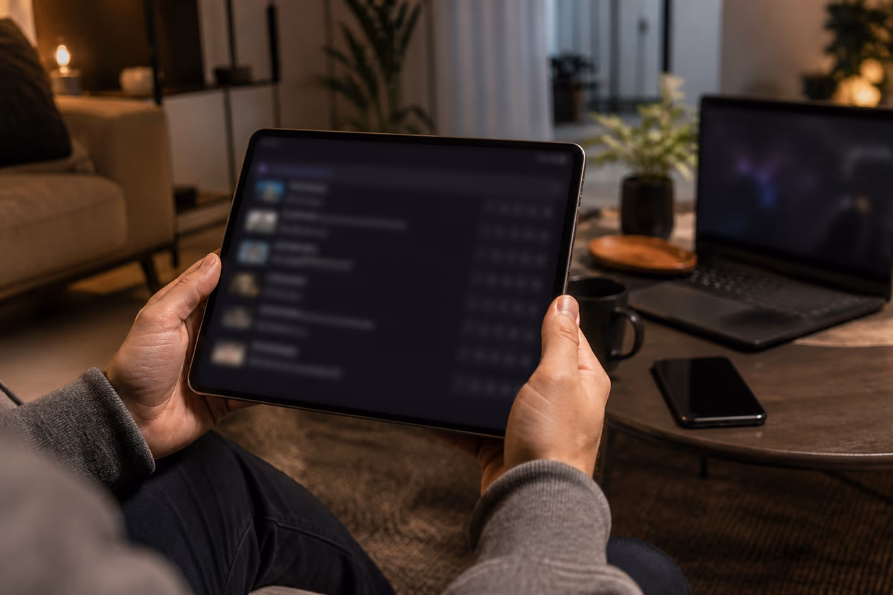 A user comfortably browsing onion list sites on a tablet in a cozy living room setting, highlighting safe exploration of the dark web.