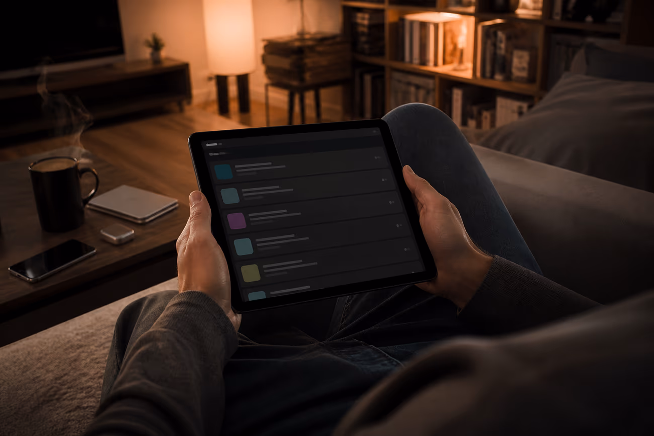 A user comfortably browsing safe .onion links on a tablet in a cozy living room setting.