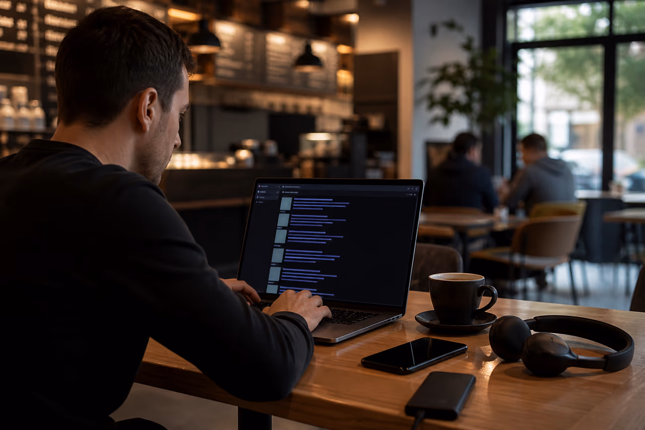 A user in a modern café discovering .onion links on their laptop, highlighting the exploration of hidden content.