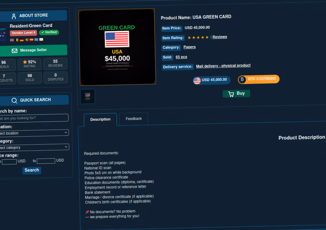 US green card listing priced at $45,000