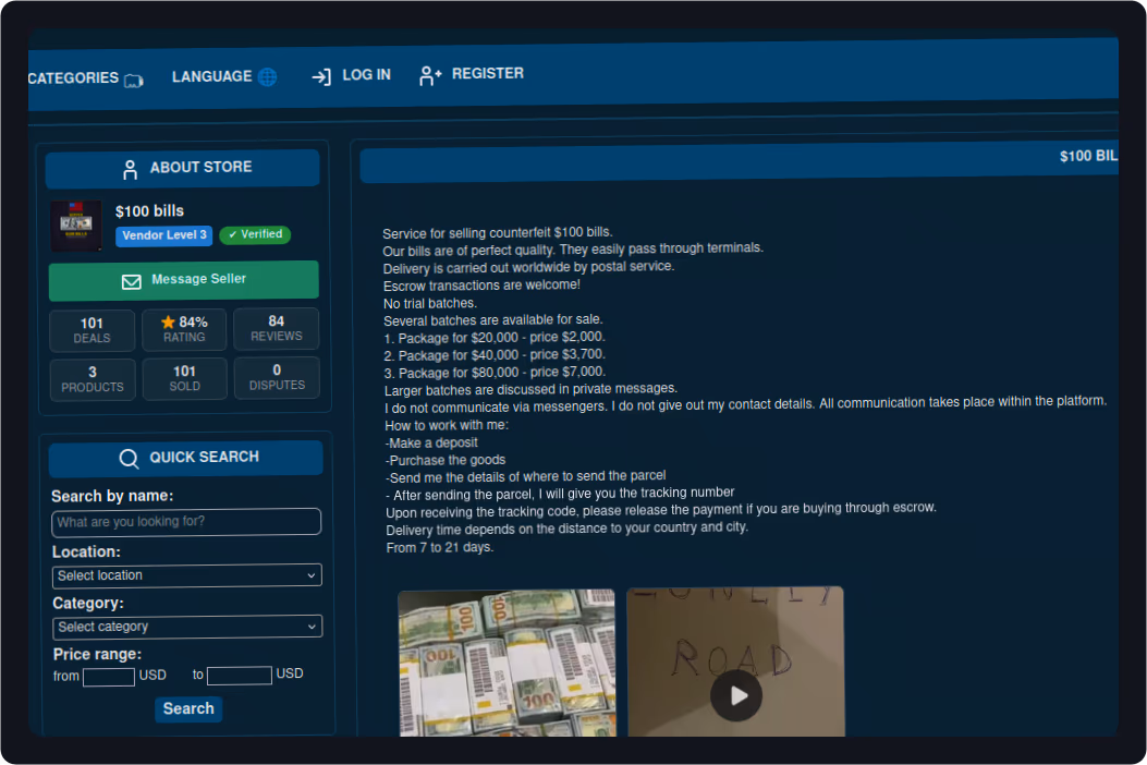Fake money darknet marketplace interface screenshot