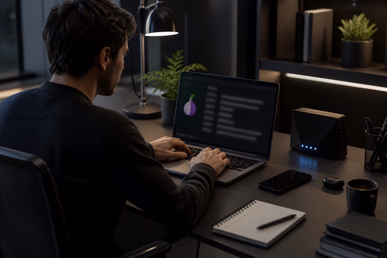 User securely navigating .onion links on Tor Browser at a modern office desk.