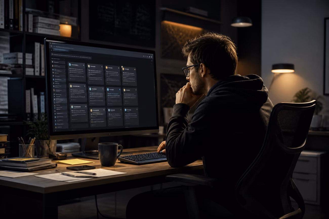 A user examining dark web directories on a monitor in a modern workspace, focused on privacy and security.