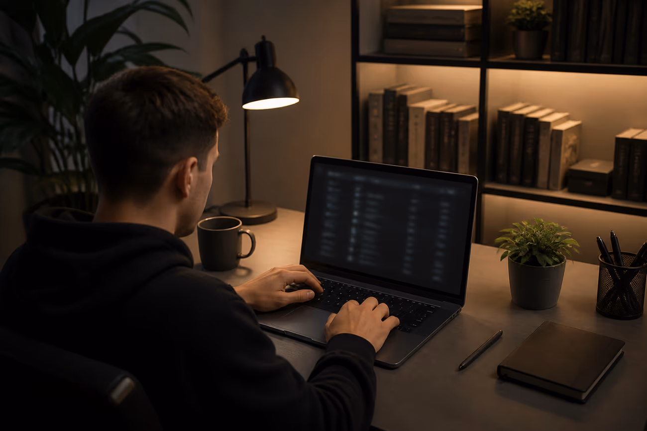 A user securely exploring onion sites in a comfortable home office environment, emphasizing privacy and curiosity.