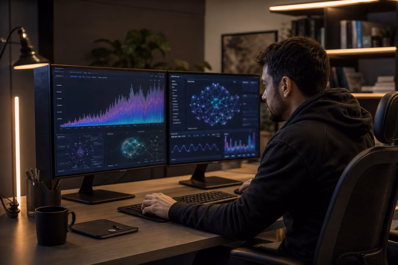 A cyber security analyst examining darknet website statistics on dual monitors in a modern workspace.