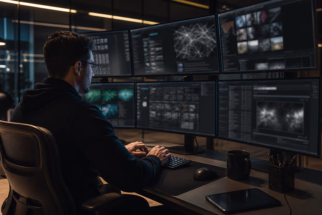 A cyber security analyst exploring dark web sites and data in a modern office environment