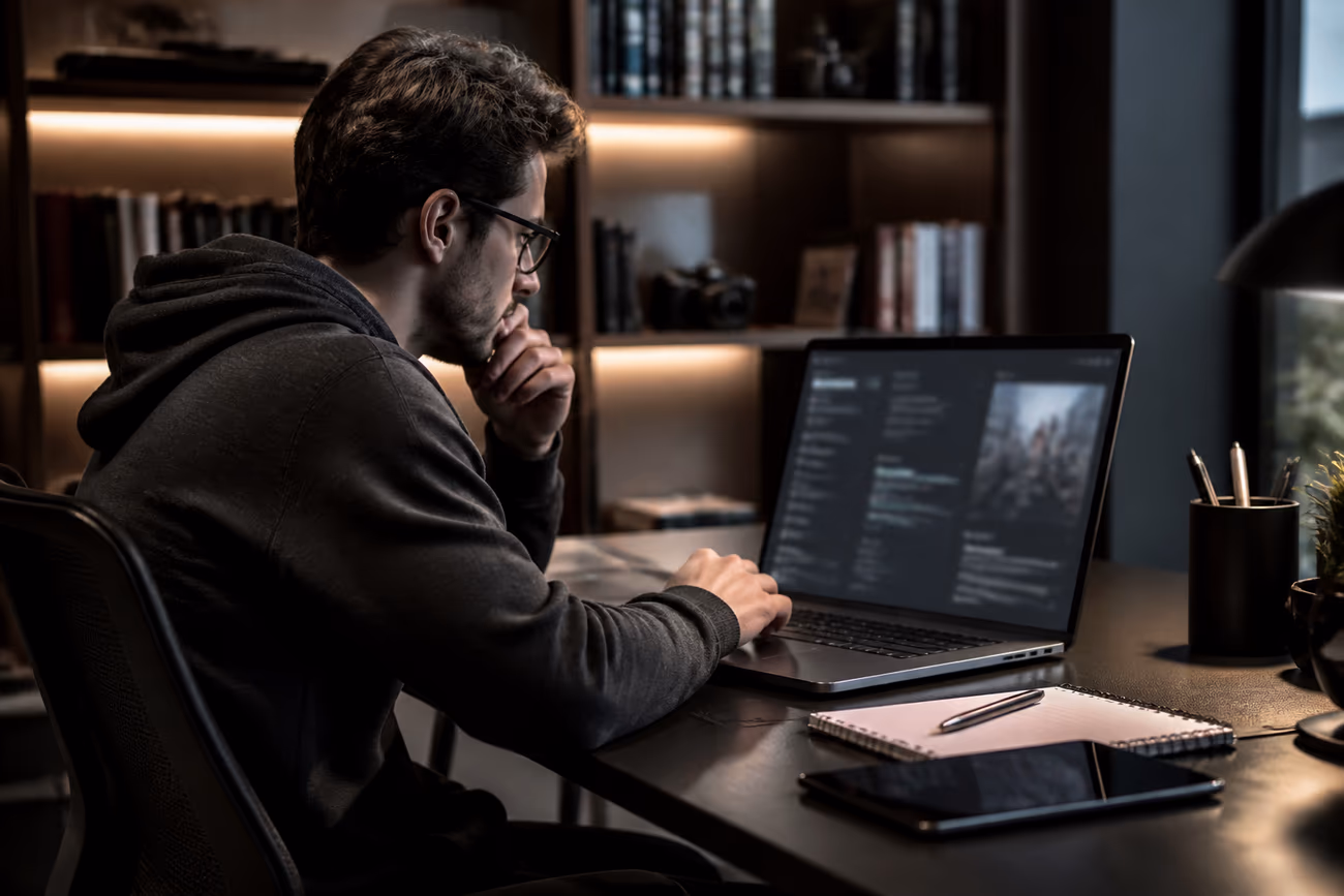 A researcher using a laptop to access dark web wiki resources, surrounded by technology.