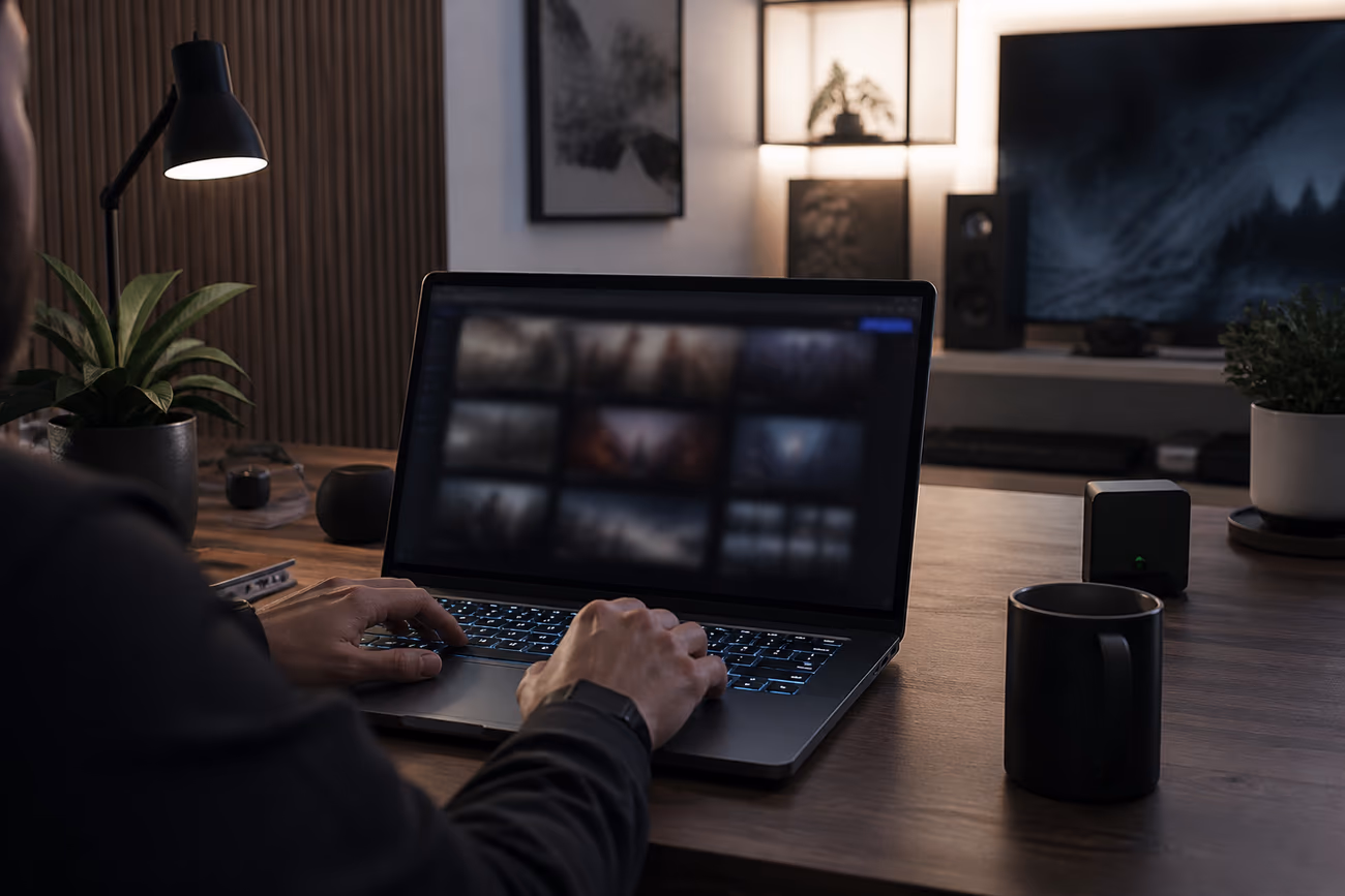 A user focuses on navigating dark web resources on a laptop in a modern home office.